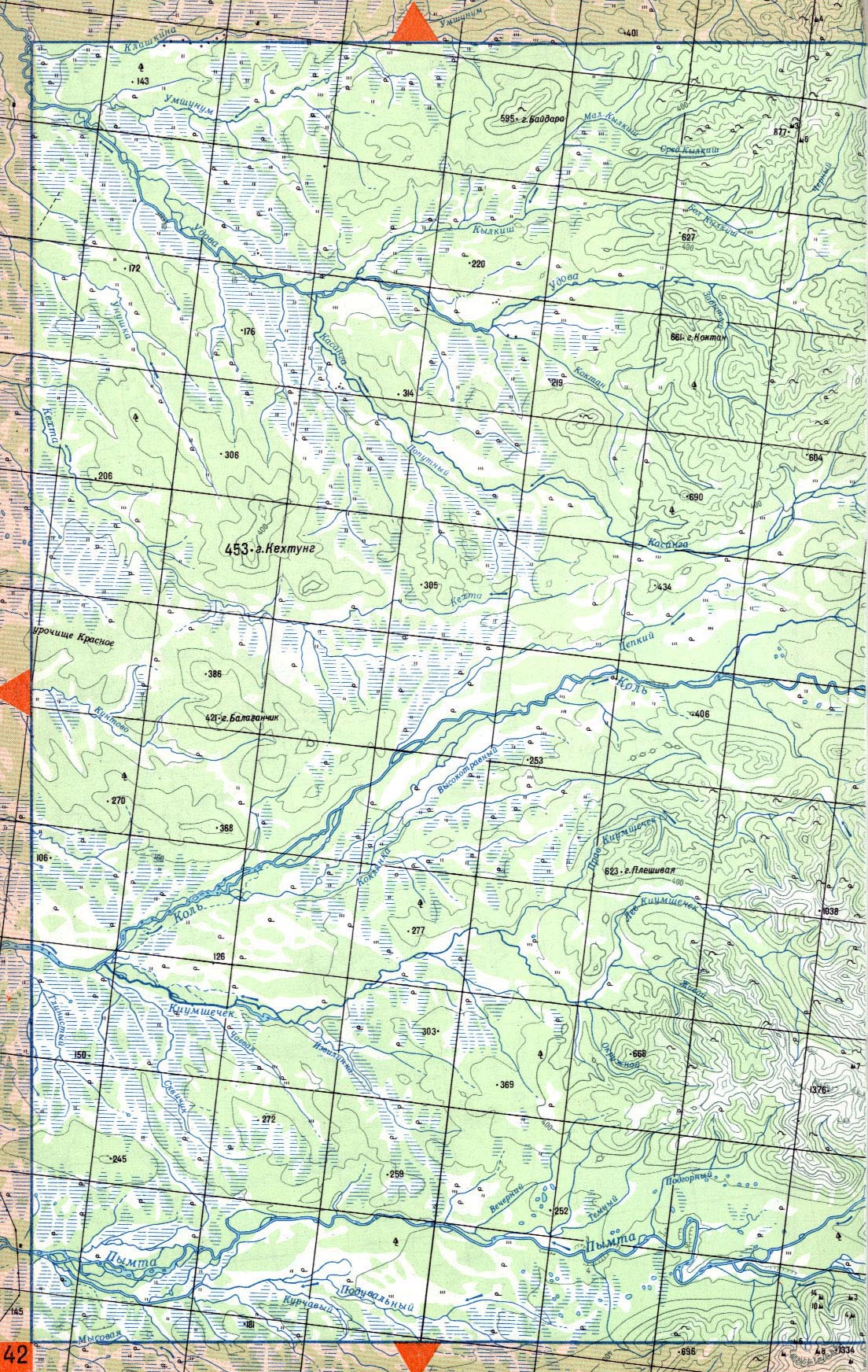 Карта Камчатки: река Коль, река Пымта, река Удова, гора Кехтунг. Карта Центральной и Южной Камчатки. Топографическая карта Камчатского края