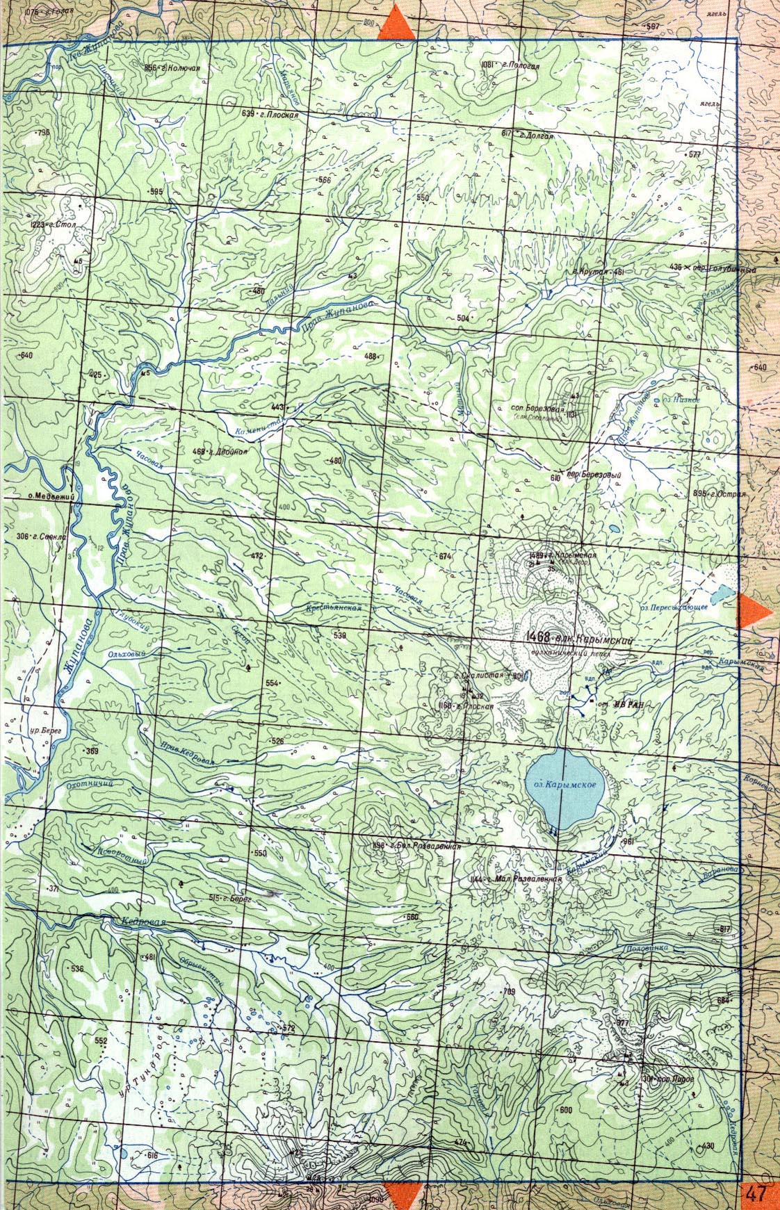 Карта Камчатки: Карымский вулкан, озеро Карымское, река Жупанова, река Кедровая. Карта Центральной и Южной Камчатки. Топографическая карта Камчатского края