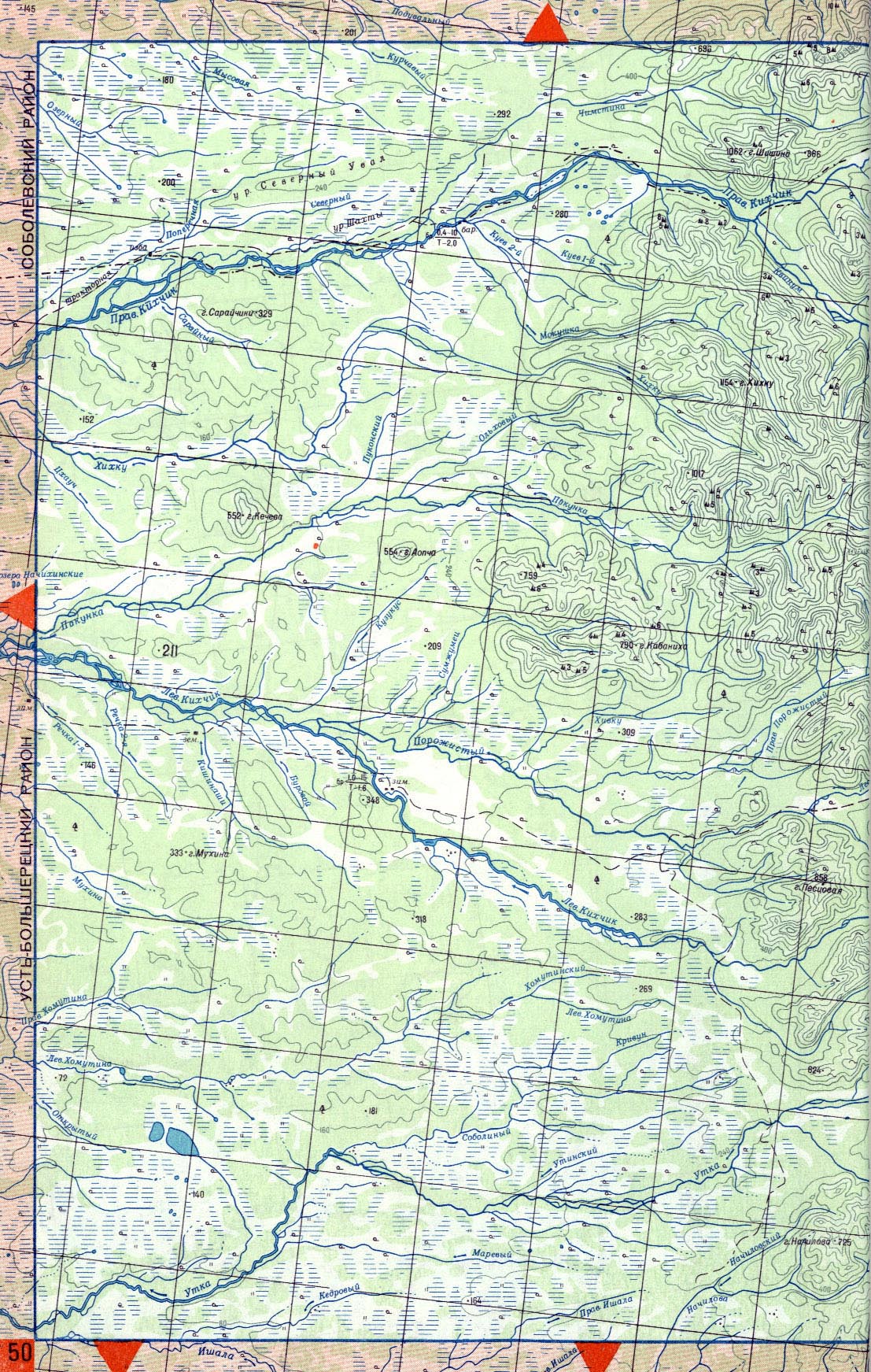 Карта Камчатки: река Правый Кихчик, река Левый Кихчик, река Утка. Карта Центральной и Южной Камчатки. Топографическая карта Камчатского края